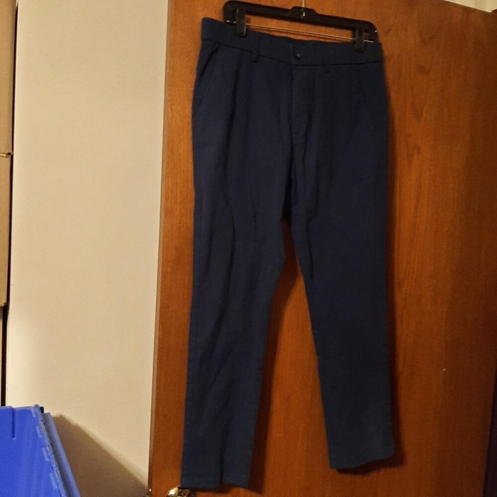 NEW ! Designes Plaid & Plain Skinny Fit Chino Pants Navy Blue Golf Size 32Wx27L